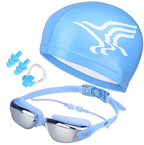Verstellbares Schwimmbrillen-Set & Kappe, kein Auslaufen, Anti-Beschlag, UV-Schutz, Triathlon mit Nasenklammer, Ohrstöpsel, Schutzhülle für Erwachsene, Herren, Damen, Jugendliche (blau)