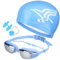 Verstellbares Schwimmbrillen-Set & Kappe, kein Auslaufen, Anti-Beschlag, UV-Schutz, Triathlon mit Nasenklammer, Ohrstöpsel, Schutzhülle für Erwachsene, Herren, Damen, Jugendliche (blau)