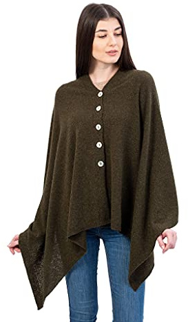 SAOL Damhalsduk wrap poncho stickad lammull halsduk lätt cape kofta en storlek, Armégrön, one size