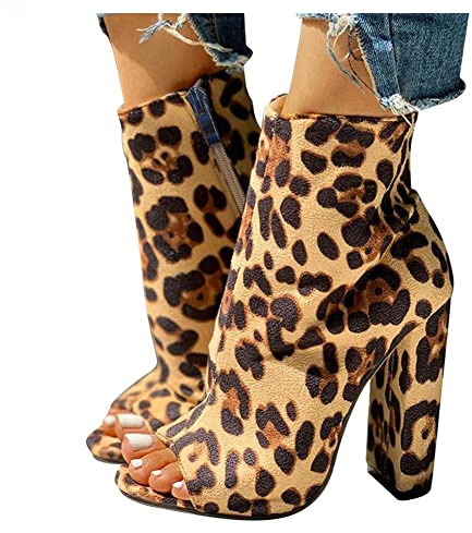 HOTRA Women Stylish Peep Toe Ankle Boots Leopard Chunky Block Pump Booties Sandals Party Evening Dress Shoes (Color : Leopard, Size : 7 US)