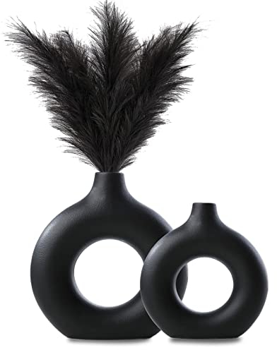 Vase Für Pampasgras, Keramik Vase Schwarz Matt, Deko Moderne Trockenblumen Blumenvase, Donut Vase Hohles Design,für Tischdeko Home Office Dekoration, L+M