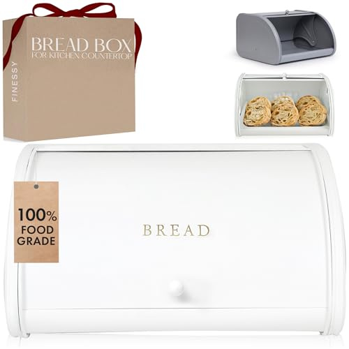 Modern Metal White Bread Box for Kitchen Countertop for Homemade Loaf Sourdough, Roll Top Breadbox for Kitchen Countertop Storage Container Bin, Farmhouse Stainless Steel Bread Keeper for Counters