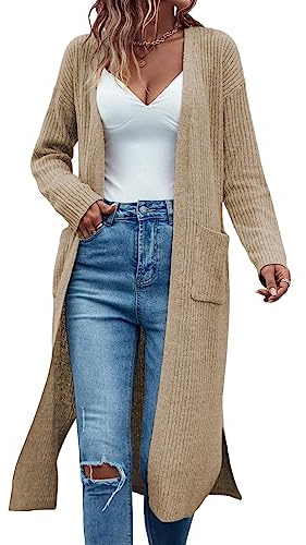 Danedvi Long Cardigan Sweaters for Women Ribbed Knit Open Front Long Sleeve Oversized Fall Casual Coat with Pockets Beige