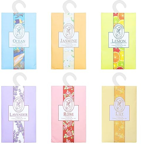 Rumyve 6 Sachets with Hanging Bags - Aromatherapy Scented Pouches for Wardrobes and Drawers (6 Different Scents)