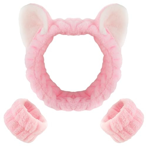 3 Teiliges Spa Stirnband Und Armband Set Make Up Niedliches Katzenohren Zum Waschen Des Gesichts Dusche Gesichtswasch Handgelenkbänder Korallen Fleece Elastisches Schönheits Hautpflege (Rosa)