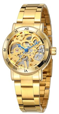 FORSINING Damen-Automatikuhr, mechanisch, Skelett, modische Armbanduhr, Edelstahlband, römische Ziffern, Zifferblatt, luxuriöse Damenuhren, gold, Armband