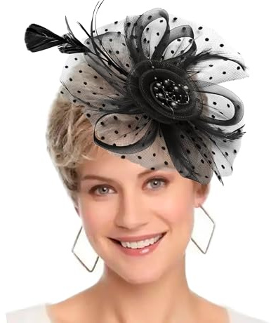Fascinators Hat for Women Tea Party Headband Wedding Flower Cocktail Mesh Feathers Hair Clip Black