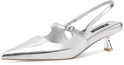 MIRAAZZURRA Femmes Kitten Heel Slingbacks Dentelle Bout Décolleté Talon Bas Slip Sur Chaussures avec Boucle de Sangle pour Sortir ensemble Travaux Fêtes, argent, 38 EU