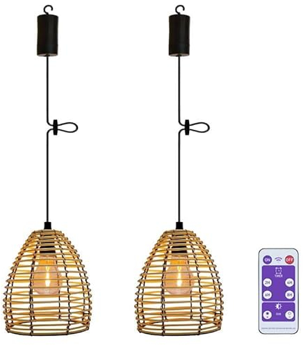 2x Vintage Hängelampe mit Batterie Fernbedienung Boho Rattan Lampe Akku Hängeleuchte Deckenlampe ohne Strom Laternen Lampions IP66 Wetterfest für Außen Garten Balkon Weihnachten Party Deko Geschenk