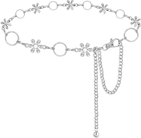 LIMHOO Metal Waist Chain for Women Rhinestone Chain Belt Crystal Waist Belt for Dress (Flower-Silver-S)