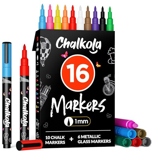 Chalkola Extra Fine Tip Chalk Markers for Blackboard & Glass (Pack of 16, 1mm Point) | Window Markers, Liquid Chalk Pens for Acrylic Dry Erase Board, Mirror, Car | Thin Chalkboard Markers Erasable
