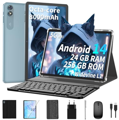 QDDQ Tablet 10 Zoll mit Tastatur, Android 14 Tablet mit 24GB+256GB, 1TB Expand, 8-Core, 8000mAh, 5G WiFi, Widevine L1, GMS, 1280P FHD, 2 in 1 mit Tastatur, Maus, Stylus (Schwarz)