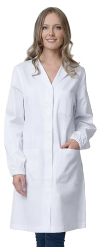 Camice da Laboratorio Donna, Cotone Bianco, Polsini Elasticizzati, Bottoni Automatici (S)
