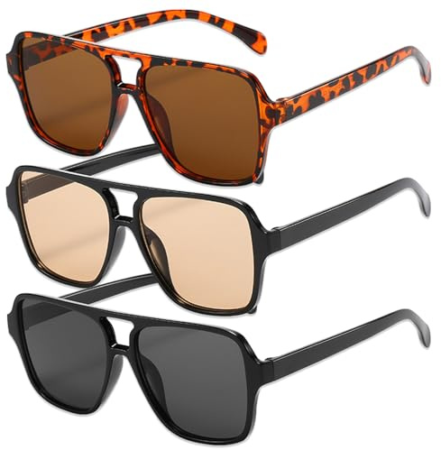 DAVBNM 3 Pack Retro Pilot Sunglasses for Men Women Vintage 70s Oversized Square Sunglasses Classic Style Double Bridge Glasses Sun Glasses Shades Protection Driving