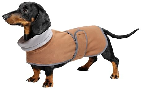 Geyecete Manteau Chien Manteau d'hiver en Polaire pour Teckel,Mini Teckel Manteau,Pull pour Chiens Chaud à col Montant Veste pour Chiot,avec Ceinture réglable-Marron-S
