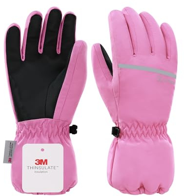 KUTOOK Ski Gloves Kids Winter Waterproof Girls Snow Gloves Cold Weather Thermal Glove for Skiing Snowboarding Outdoor Pink 8-10 Years