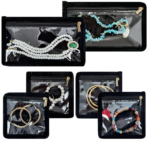 LingLingo Travel Jewelry Organizer Pouch - 6 PCS Double-sided Velvet Zippered Bag Set with 2 Large 4 Small for Earrings Rings Necklace Bracelet Storage, Gift for Women