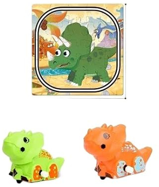 Triceratops Dinosaur Slot Car Track Toy Set for Kids - with 25-Piece Jigsaw Puzzle & Wind-Up Dino - Educational Racing & Puzzle Play Gift for Toddlers Boys Girls Ages 3 4 5 6