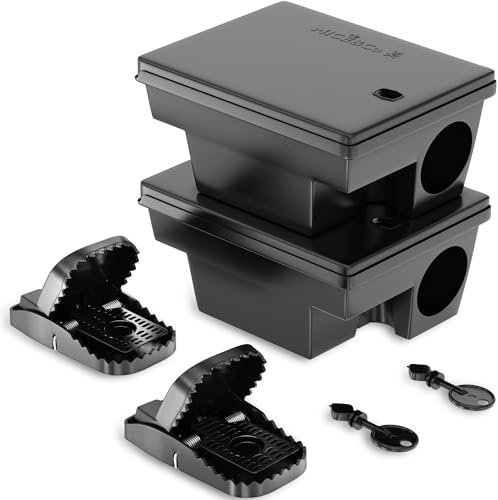 Mice&Co Set 2 Stazioni per Esche con Chiave + 2 Trappole Potenti – Trappola per Topi e Ratti Grandi, Senza Veleno, Interno/Esterno