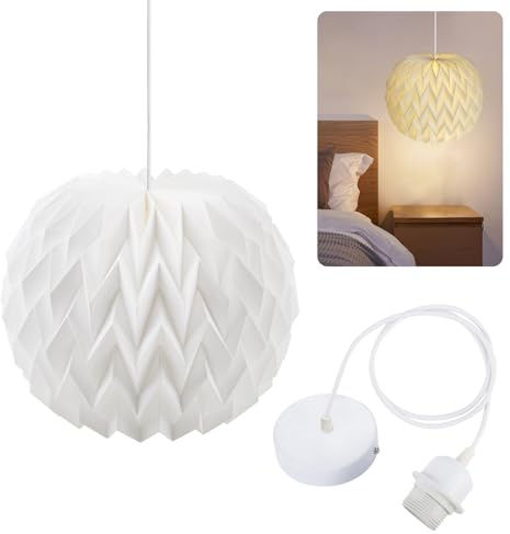 Vaskula Abat Jour Papier Cache Ampoule Plafond Pliable avec Cable Suspension Luminaire e27 43 cm Art Déco Abat Jour Blanc Convient pour salle à Manger Salon Chambre