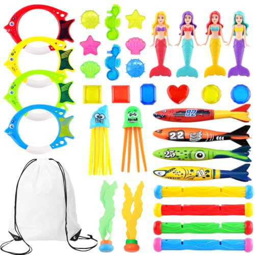 wokdsbl 35 Piece Diving Pool Toys Set With Dive Sticks Rings Torpedoes Gems