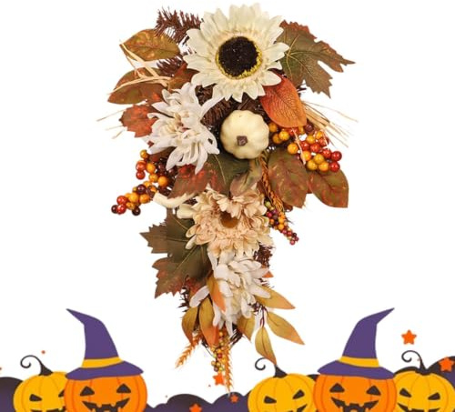 Höstkrans 50 Centimeter Lantlig Blomstergirland Dekoration | Säsongskrans med röda och orange bär för Höst & Skörd Halloween Thanksgiving Utomhus Vägg Bord &