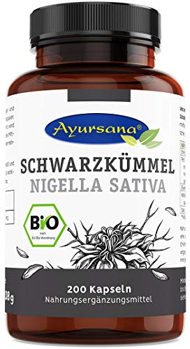 Ayursana Vegane Bio Schwarzkümmel Kapseln Nigella sativa, 200 Stück naturbelassene Kapseln aus Ägypten, 1800mg Schwarzkümmelpulver pro Tagesdosis