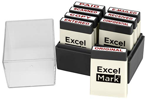 ExcelMark Mini Office Message Rubber Stamp Set - Red Ink - Storage Tray Included