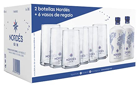 Nordés Ginebra Premium nacional Atlantic Galician Gin - Pack de 2 botellas de 70 cl + 4 Vasos de regalo