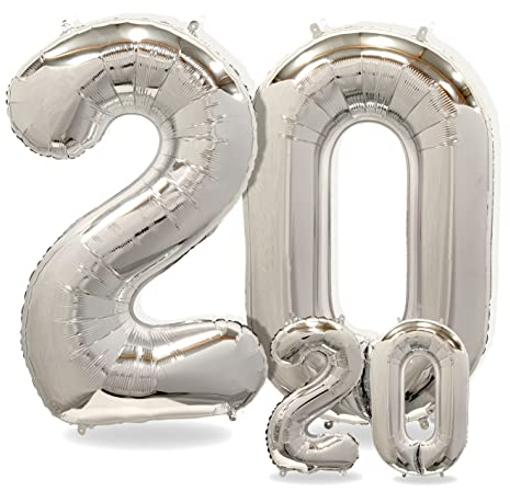 FUNXGO folienballon 20 Silber set - 2 Stück -100 & 38cm- luftballons Zahlen 20-20 Geburtstag - XXL Riesenzahl Geburtstagsdeko Set luftballon 20 silber ballon 20