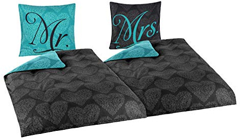 Niceprice Winter Partner Bettwäsche Microfaser Flausch Fleece Mr. und Mrs. Türkis Wendeoptik in 4 Größen, 2X 135x200 + 2X 80x80