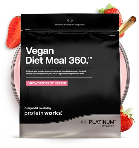 Protein Works | Vegan Diet Meal 360 – PLATINUM Innovation, Protéines Vegan, Shake Sostitutif Repas Dietétique, Supporte Perte de Poids, Vitamines & Minéraux, Thé Vert, Fraise à la Crème, 16 Repas, 1kg