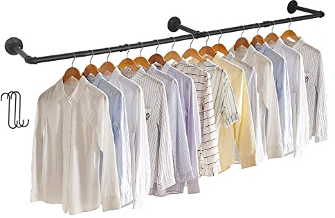 UNHO Asta Appendiabiti da muro 180cm: Asta appendiabiti in Metallo Resistente da parete Appendiabiti Tubo Industriale Nero Staccabile per Armadio Lavanderia