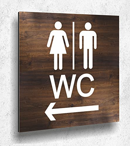 Targa per porta WC, freccia sinistra, effetto legno, legno scuro, da donna, da uomo, con stampa UV, 12 x 12 cm, vetro acrilico da 3 mm, Made in Germany Art. n. E 2101