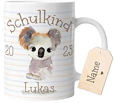 timalo® Tasse Tiere personalisiert mit Namen | Geschenk zu Einschulung | Schulkind 2023 | für Kinder Jungen und Mädchen | 09- Koala