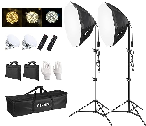 FGen Softbox Set Photo Studio, luz fotográfica LED Octogonal de 70 cm con 135 W 3000-6500 K, luz de fotografía con trípode Totalmente Ajustable de 2 m