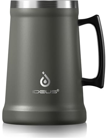 Ideus® Chope à bière isotherme avec poignée - 1000 ml - En acier inoxydable - Grand gobelet isotherme en métal - Né pour la fête de la bière (gris)