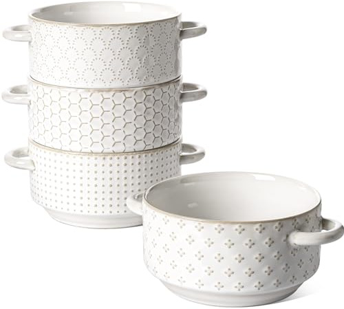 LE TAUCI Soup Bowls with Handles, 20 oz French Onion Soup Crocks, Stackable Soup Bowl Oven Safe for Chili, Beef Stew, Embossment Ceramic Bowl Set - 5.4 Inch, Set of 4, Arctic White