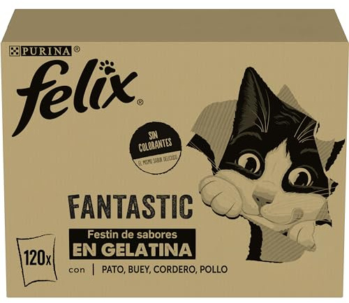 Felix Fantastic, Comida Húmeda para Gato Adulto, Gelatina, Surtido de Pato, Buey, Cordero y Pollo, Pack de 120 Sobres de 85 g