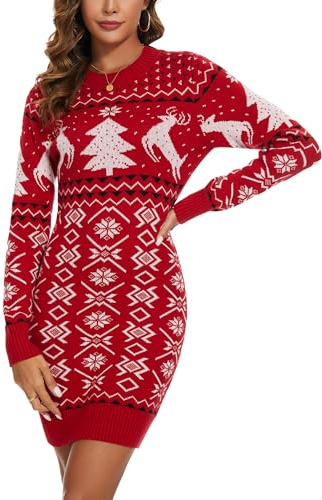 Bresdk Vestido Mujer Vestidos Suéter Navideño de Punto Mujer Invierno | Jersey Manga Larga de Navidad Ugly Christmas Sweater Dresses