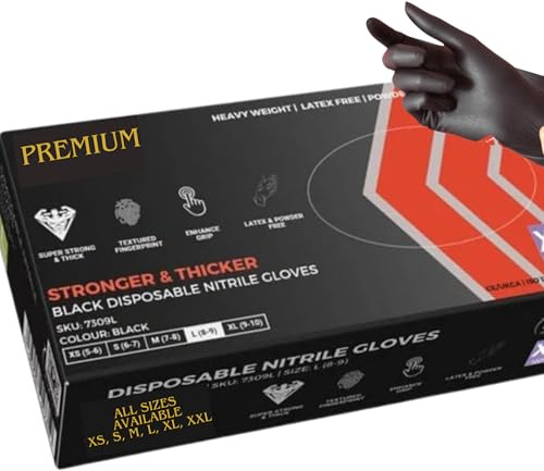 firmsafeT Heavy Duty Strong Disposable Black Nitrile Examination Gloves, Premium Quality| Medical| Mechanical| Industrial| Hair & Beauty| Food| Janitorial| Powder Free| Latex Free (100, Medium)