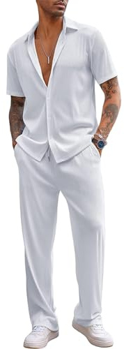 aromm Hommes 2 Pièces Vêtements Décontractées Manches Courtes Chemise Boutonnée & Pantalon à Cordon de Serrage Été Costumes de Marche