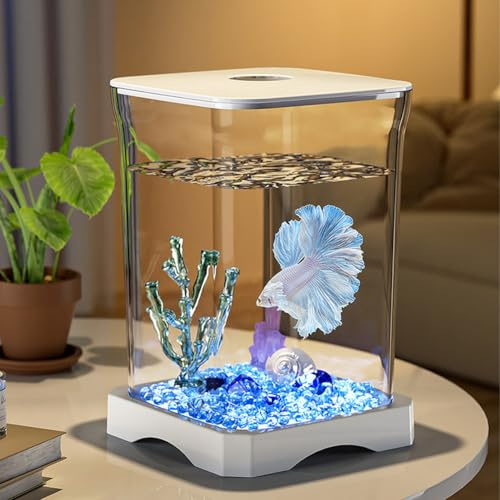 Lidzopas Betta Mini aquarium de table rectangulaire avec trou d'alimentation supérieur et lumière inférieure intégrée pour poissons Betta, crevettes, poissons rouges