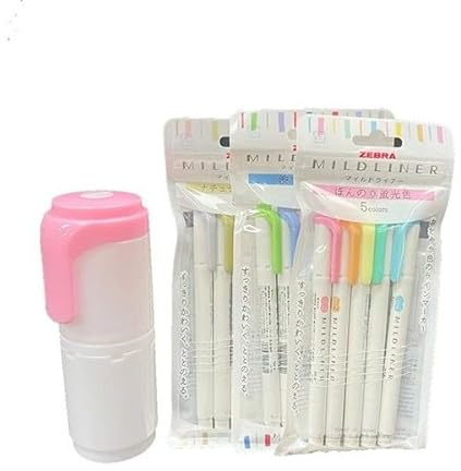 Zebra Highlighter Set, 15 Colours (3×5 Packs) + Pen-Holder Shaped Empty Case — Case Colour Random