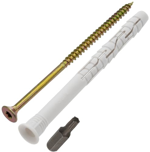 AERZETIX - Set med 8 universella pluggar med avfasad krage Ø8x100 mm i polyamid + 8 träskruvar Ø5x100 mm + 1 stjärnbit T25