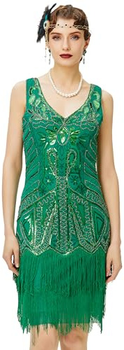 BABEYOND – Robe à Franges et col en V pour Femme Style 1920 Gatsby Le Magnifique, Vert, XXXL