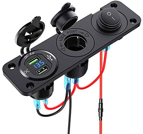 Divisor Encendedor Cigarrillos 12V - 24V Dual QC3.0 Cargador USB Voltímetro LED + Toma USB + Interruptor Impermeable Para Coche Barco Motocicleta Camión