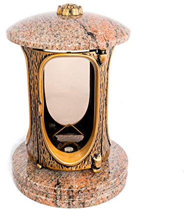 Afterglow - Farol para tumba Elégant Granito, 23 cm de altura, 14,5 cm de diámetro, lámpara para tumba, lámpara de granito, farol de granito, bronce, con zócalo, decoración para tumbas