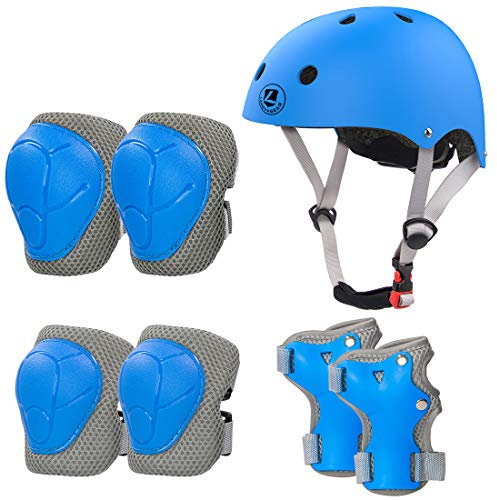 LANOVAGEAR Casque Vélo Enfant Sets de Protection Enfant de 2-8 Ans Ajustable Genouillères Coudières Protège-Poignets pour Velo Skateboard Rollers Skate Trottinette (Bleu, S)