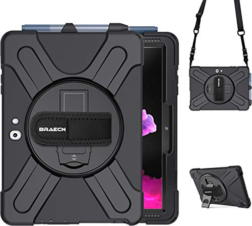 BRAECN Hülle für Microsoft Surface Go 4 (2023) /Go 3 (2021) / Go 2 (2020) / Go (2018) 10.5 Zoll, Stoßfeste Robuste Tragbare Hülle mit Handgurt, Schultergurt, Drehbarem Ständer und Stifthalter -Schwarz